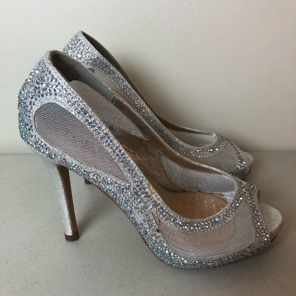 Toetos Peep Toe Silver Rhinestone Sandal Heels 5 - Picture 1 of 5